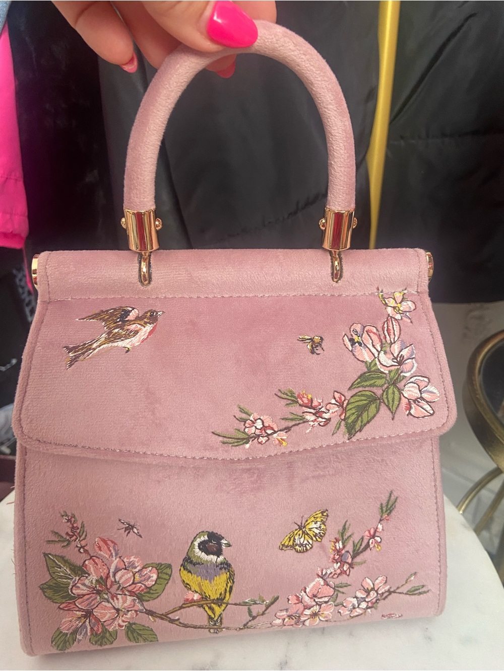 England Pink Floral Embroidered Top-Handle Handbag